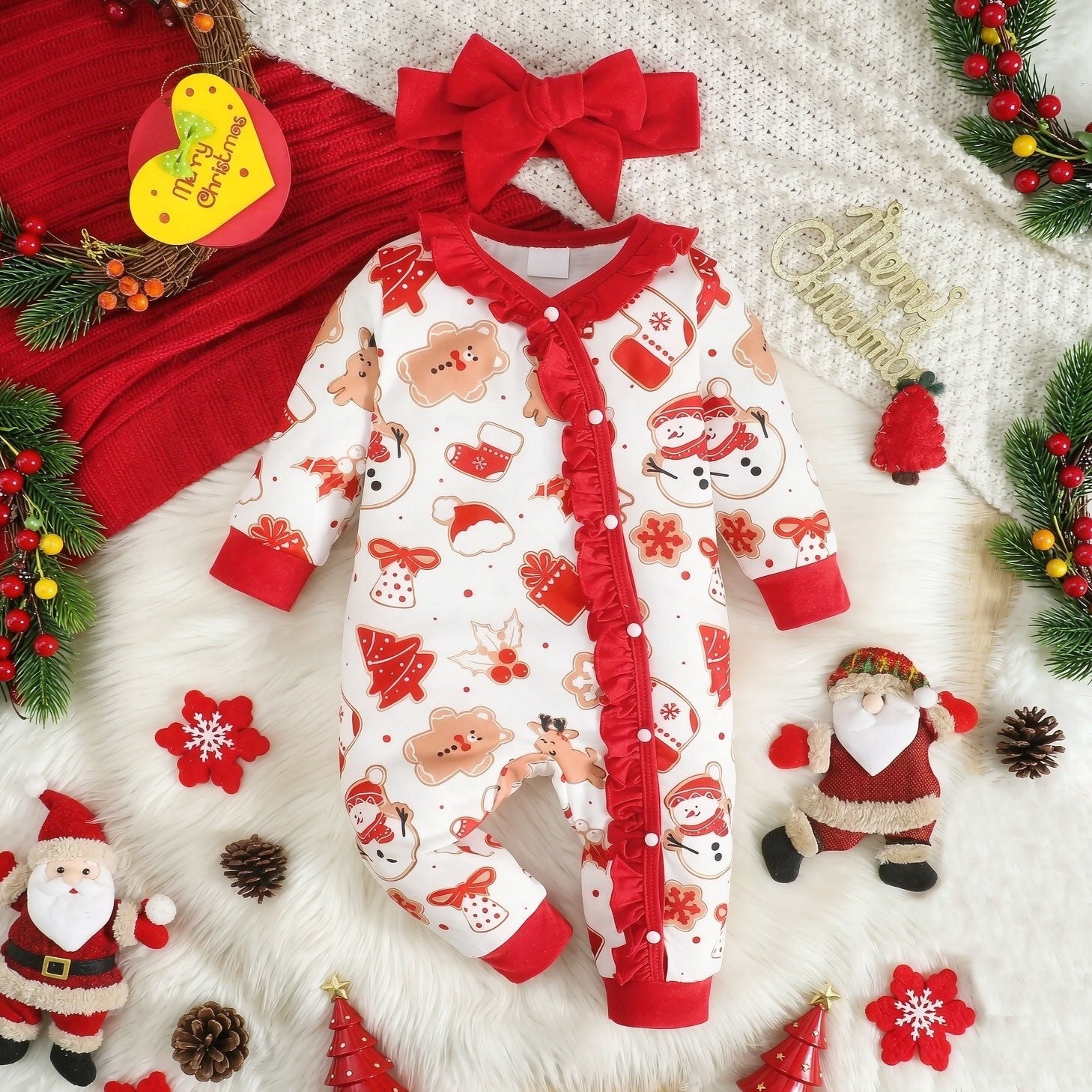 2PCS Cute Christmas Pattern Print Long Sleeve Baby Girl Jumpsuit