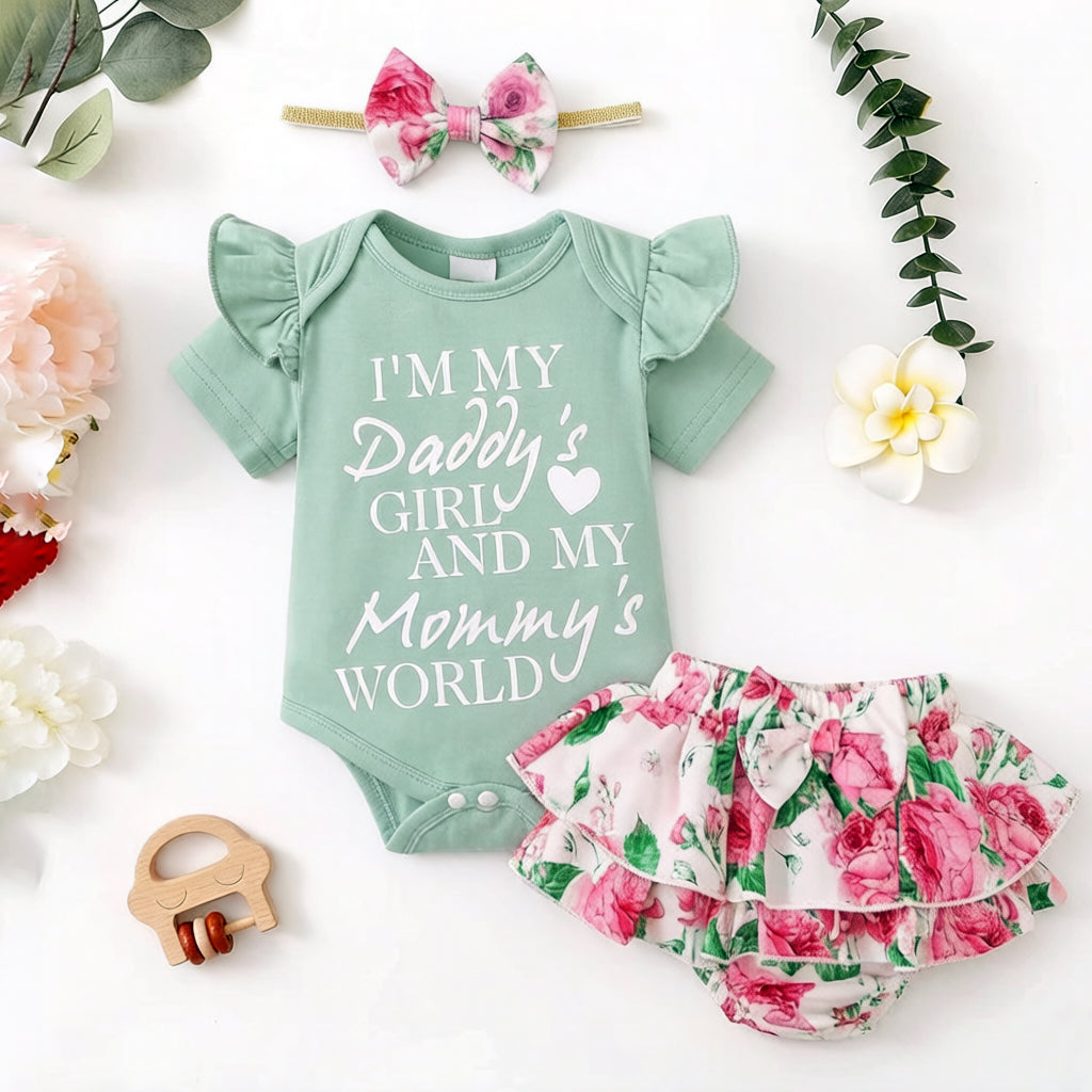 3PCS Daddy's Girl & Mommy's Word Letter Floral Print Short Sleeve Baby Set