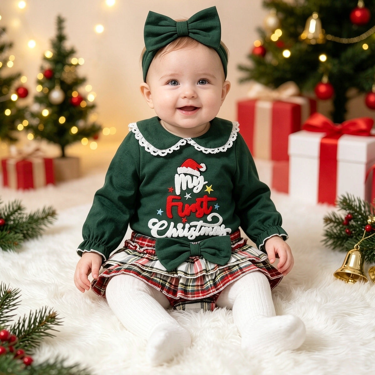 3PCS My First Christmas Letter Santa Hat Applique Plaid Print Baby Girl Set