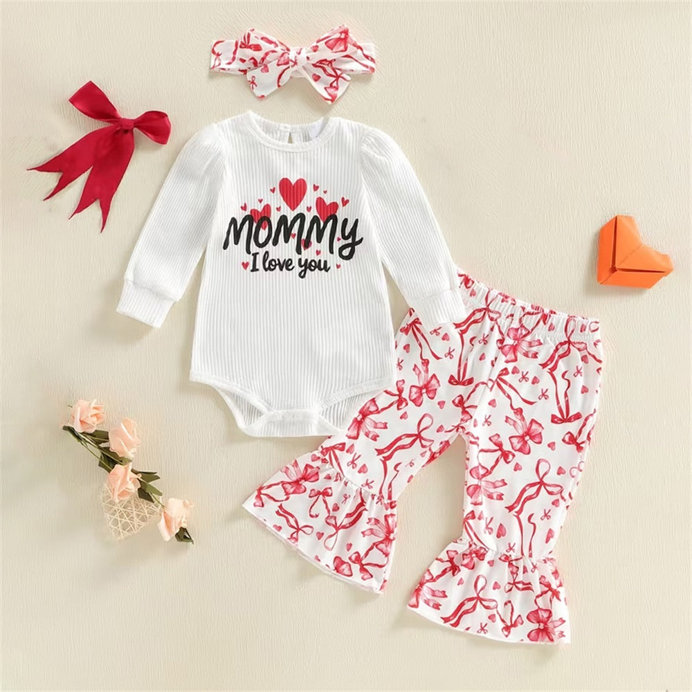 3PCS Mommy Love You Letter Bow Print Long Sleeve Baby Set