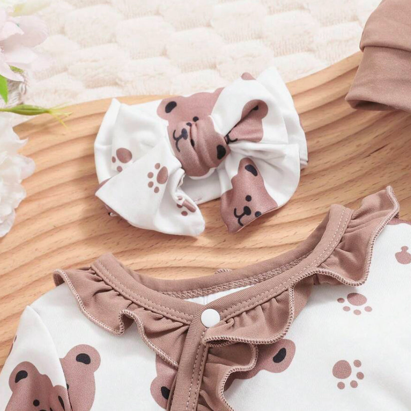 3PCS Cute Bear Printed Long Sleeve Ruffle Baby Jumpsuit