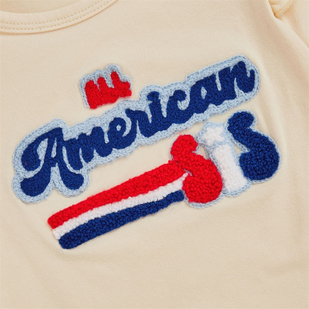 2PCS Letter Embroidery Bow Printed Short Sleeve Baby Set