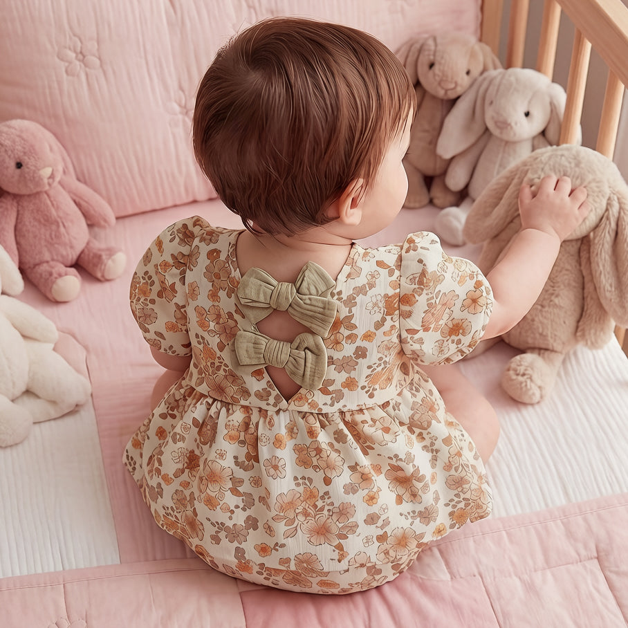 2PCS Vintage Romantic Floral Print Puff Sleeve Baby Set