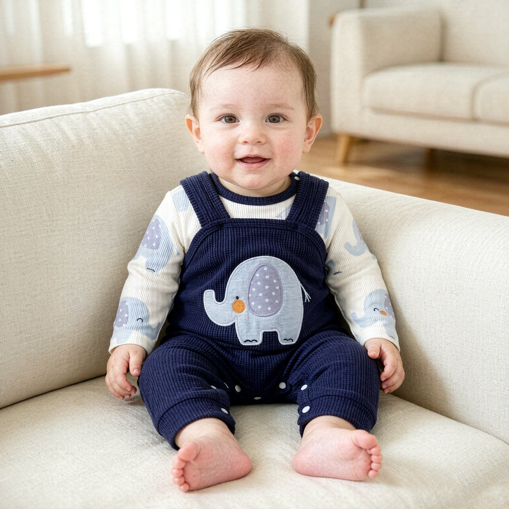 2PCS Cute Elephant Print Long Sleeve Corduroy Baby Boy Overalls Set