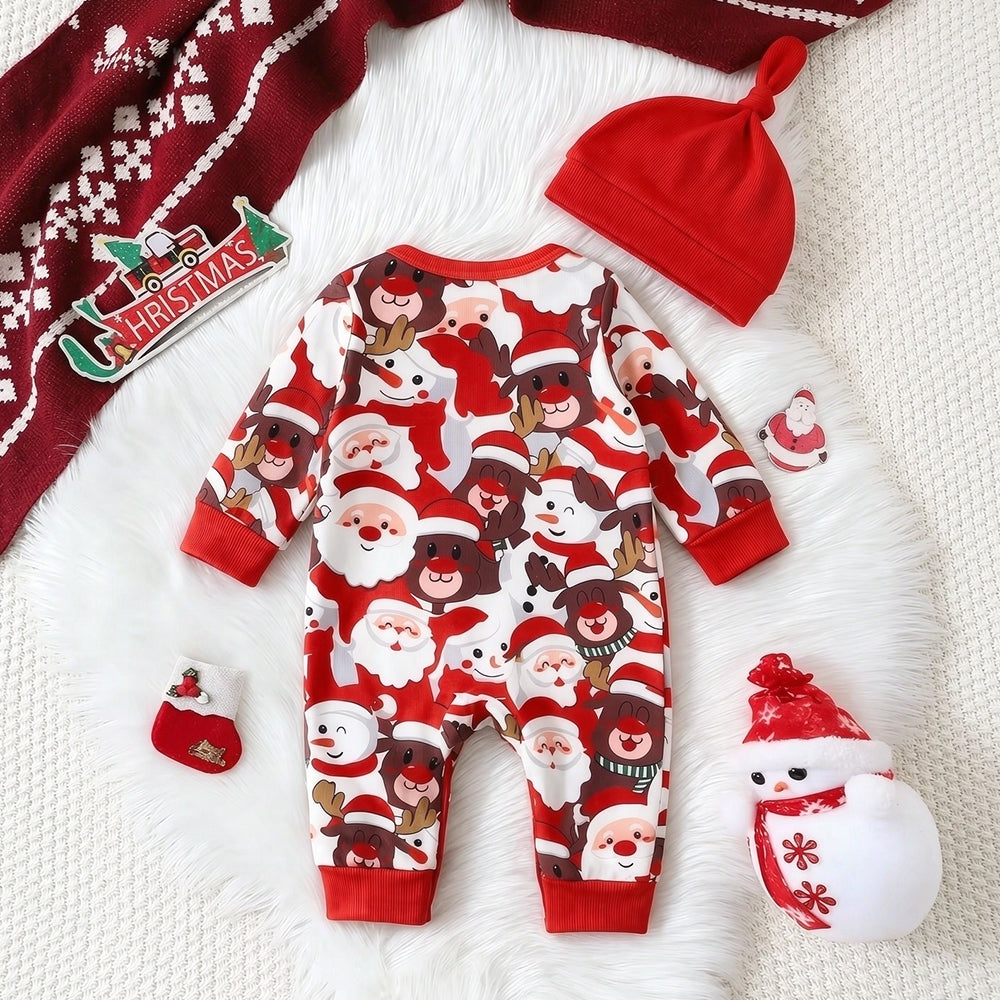 2PCS Cute Santa Snowman Print Long Sleeve Baby Christmas Jumpsuit