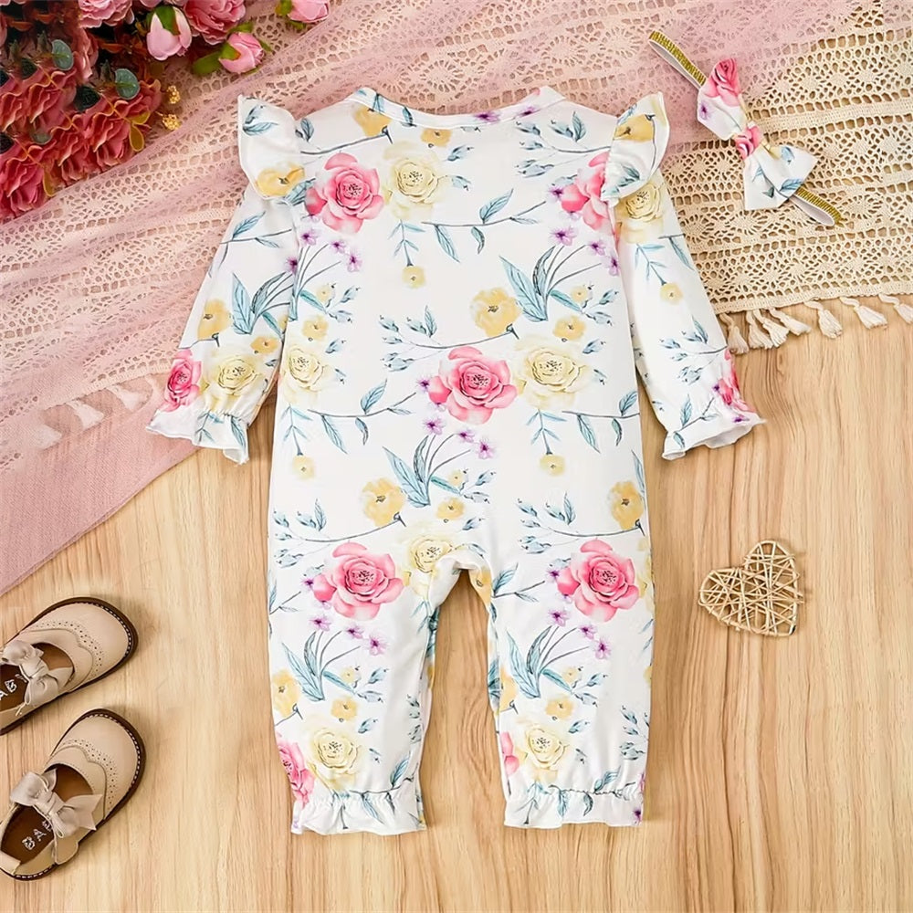 2PCS Floral and Butterfly Print Long Sleeve Baby Jumpsuit