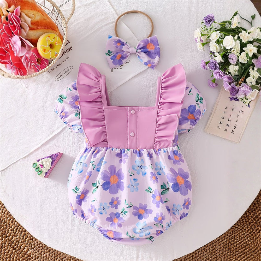 2PCS Stylish Floral Printed Frill Trim Short Sleeve Baby Romper