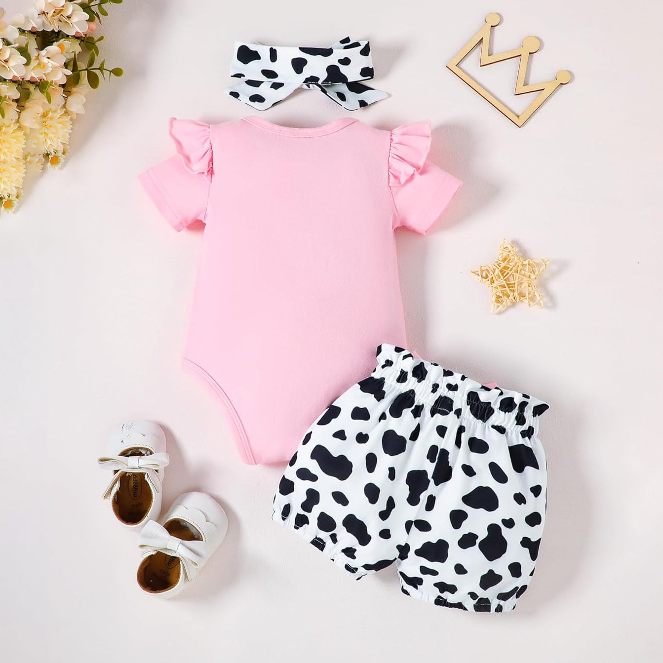 3PCS Lovely Llittle Sister Letter Cow Printed Short Sleeve Baby Set