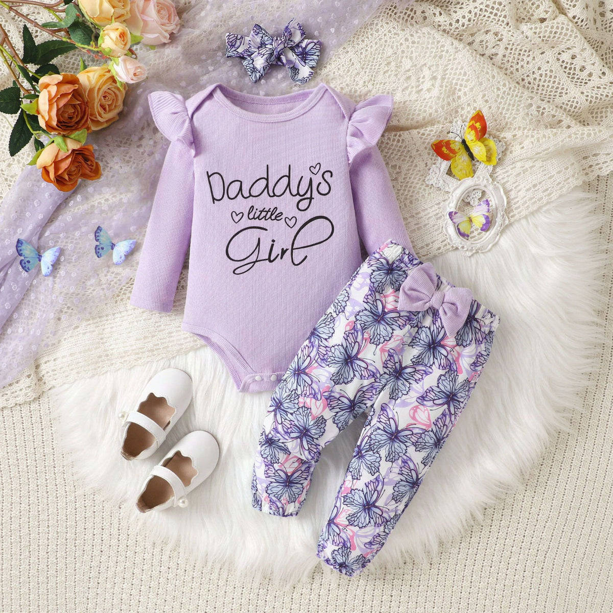 3PCS Daddy's Little Girl Letter Butterfly Print Long Sleeve Baby Set