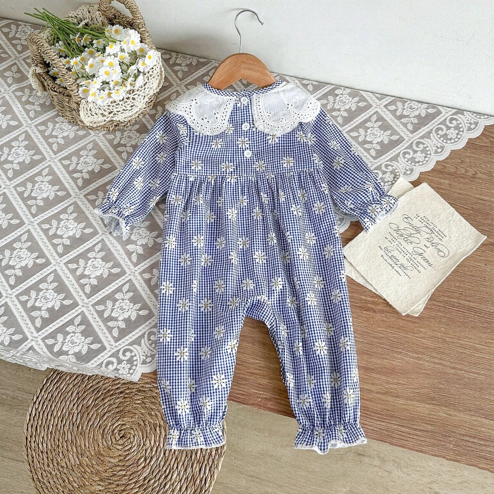 2PCS Charming Floral Plaid Print Long Sleeve Baby Jumpsuit