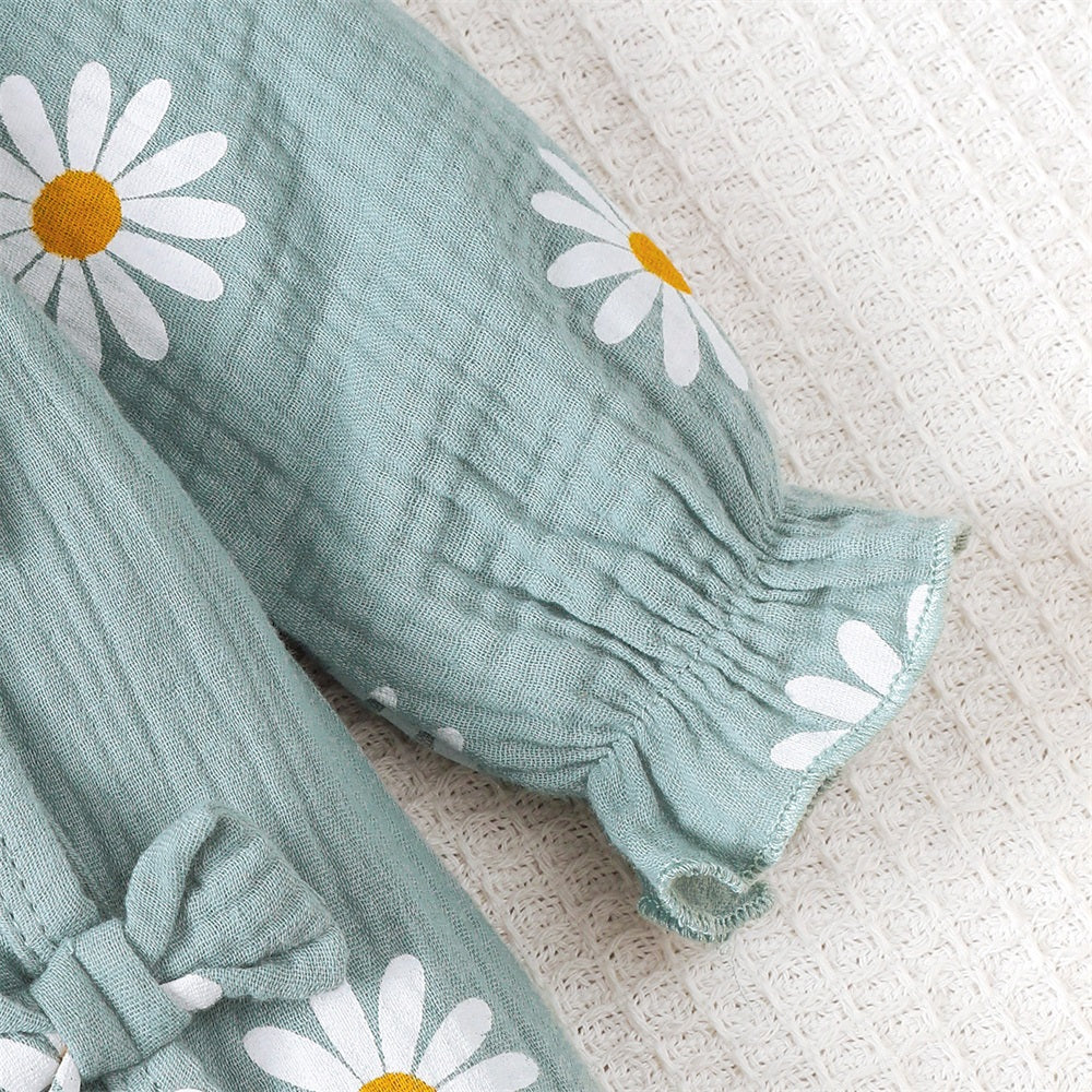 2PCS Stylish Daisy Print Bow Long Sleeve Baby Jumpsuit