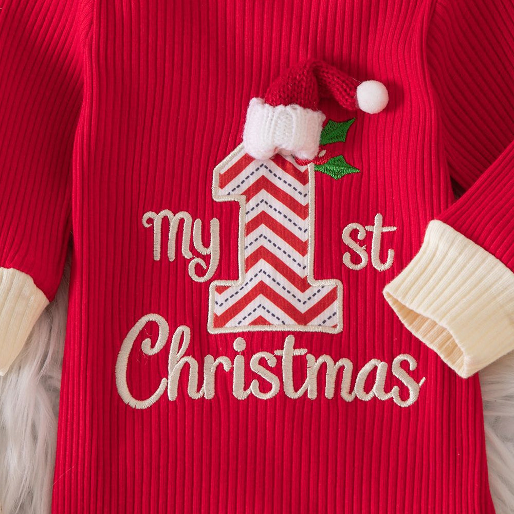 My 1st Christmas Letter Embroidery Long Sleeve Baby Jumpsuit