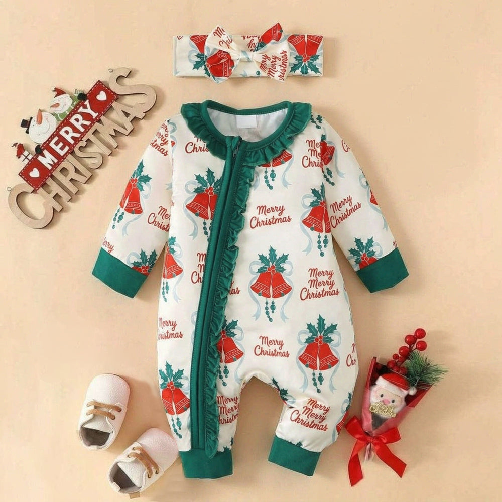 2PCS Merry Christmas Letter Print Ruffle Trim Baby Jumpsuit