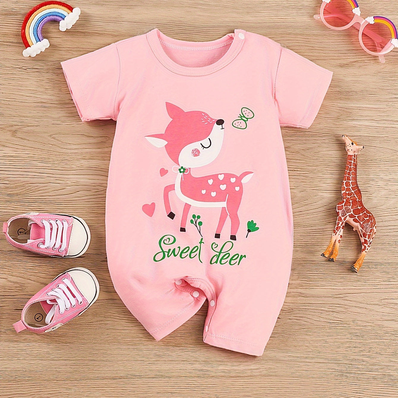 Lovely Deer Letter Print Short Sleeve Baby Girl Jumpsuit