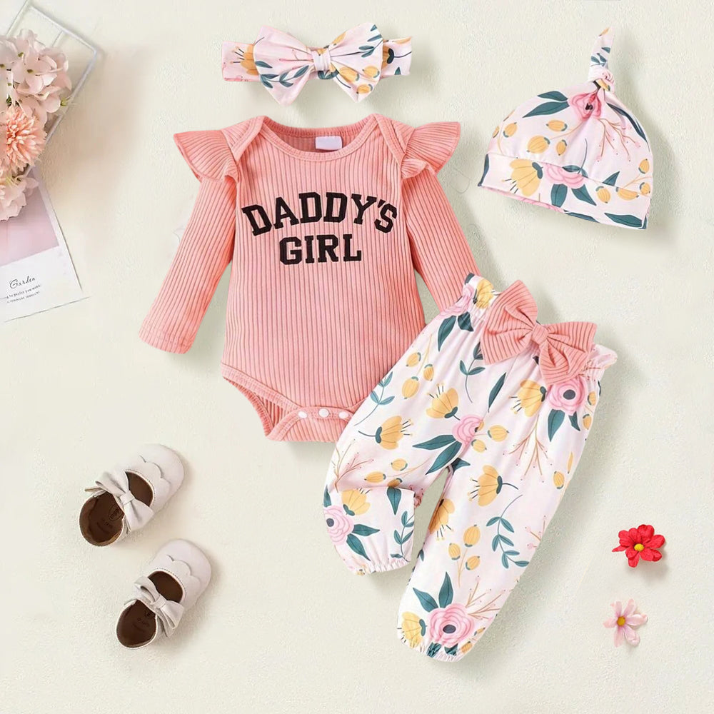4PCS Daddy's Girl Letter Floral Print Long Sleeve Baby Set