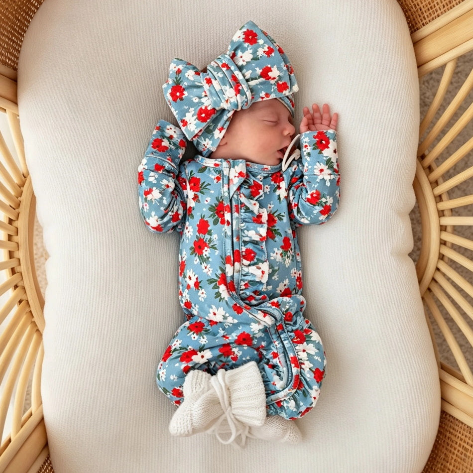 2PCS Charming Floral Print Zipper Ruffle Long Sleeve Baby Jumpsuit