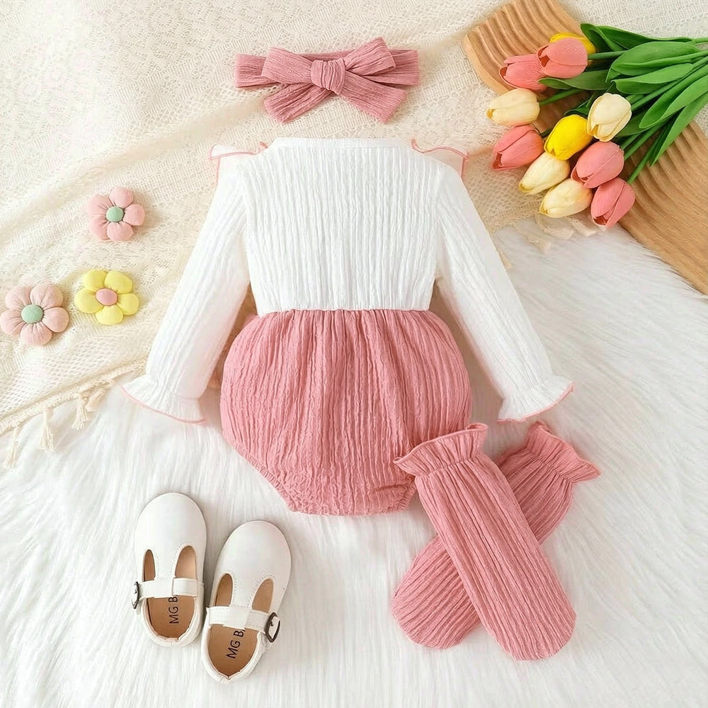 3PCS Color Block Long Sleeve Baby Girl Romper