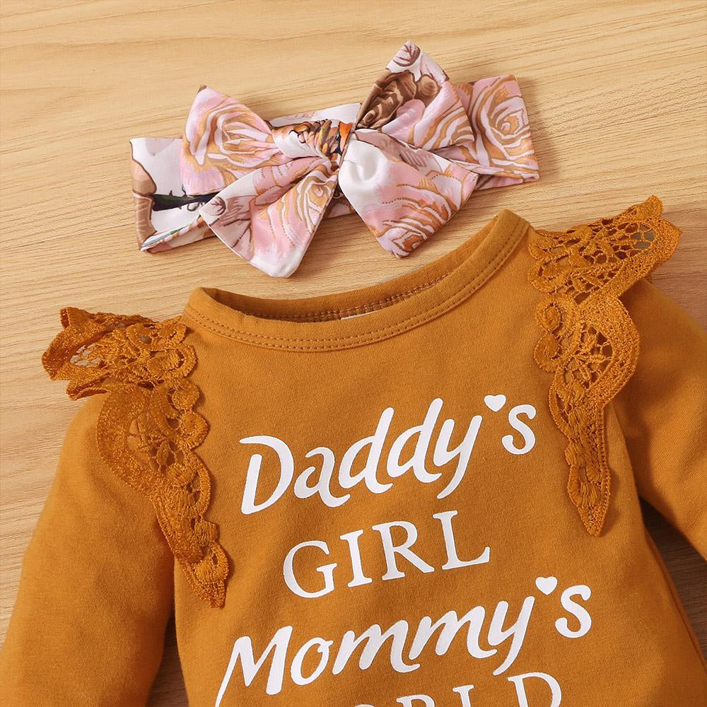 3PCS Daddy's Girl Mommy's World Letter Floral Printed Baby Set