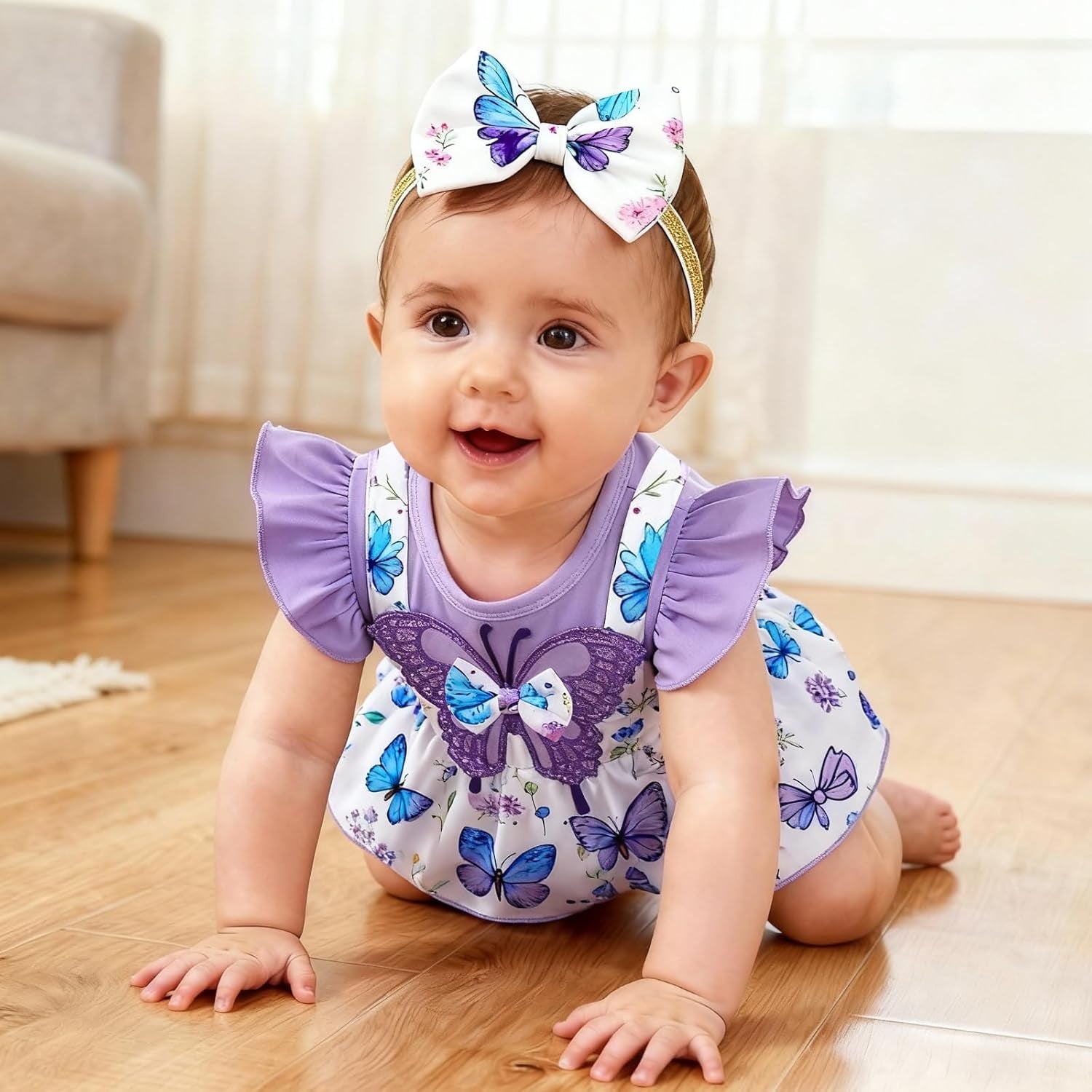 2PCS Cute Butterfly Print Sleeveless Baby Romper