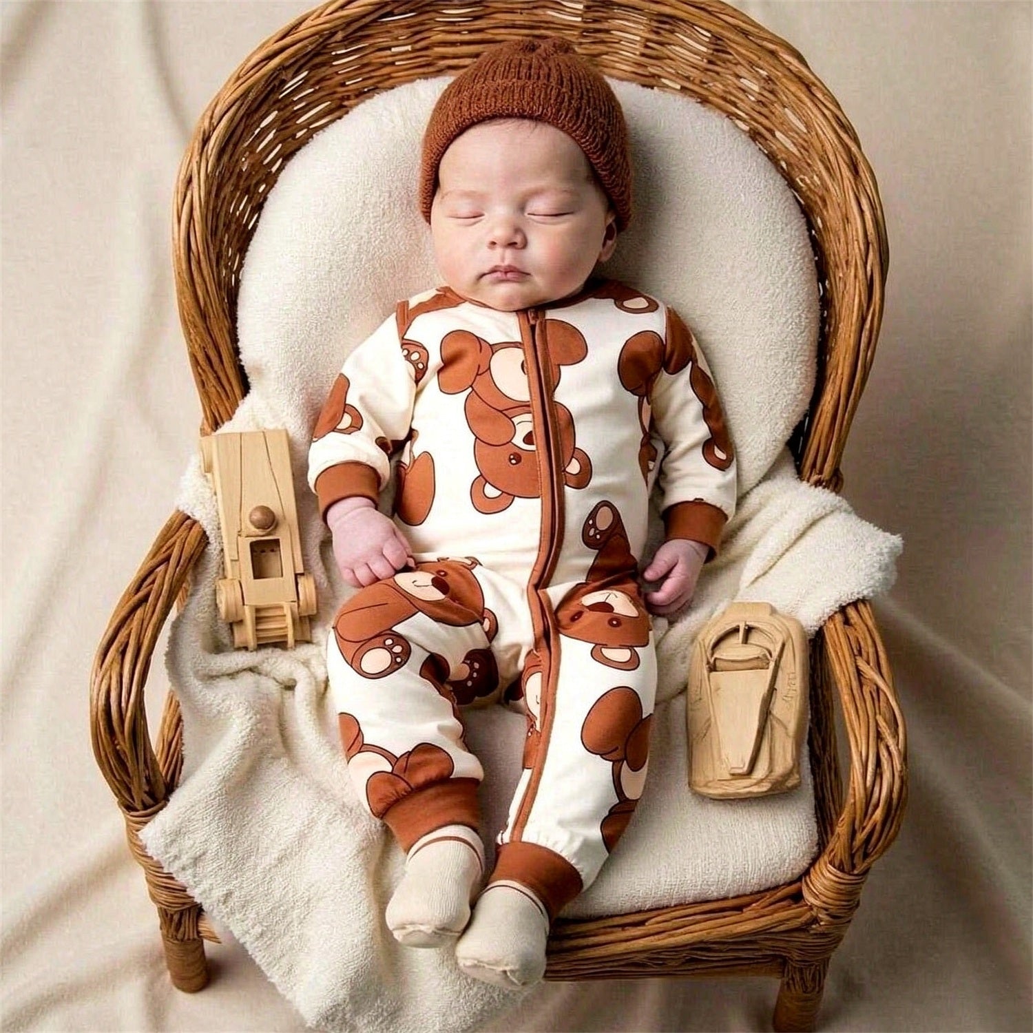 Lovely Teddy Bear Print Zipper Long Sleeve Baby Jumpsuit