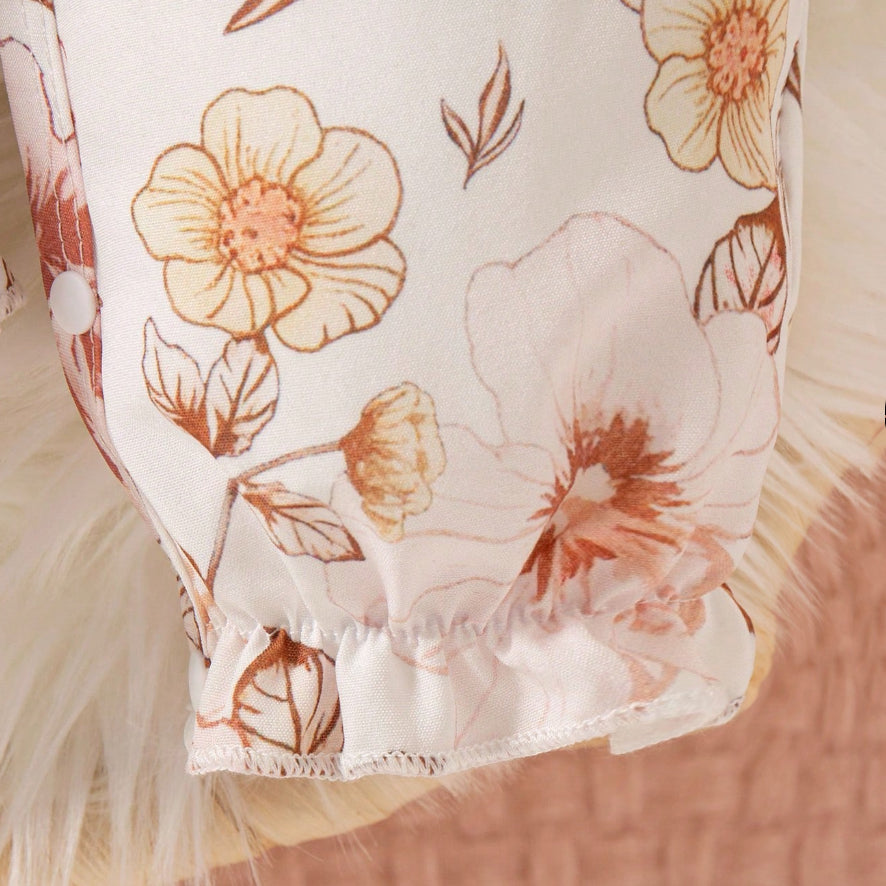 2PCS Graceful Floral Printed Bow Long Sleeve Baby Jumpsuit