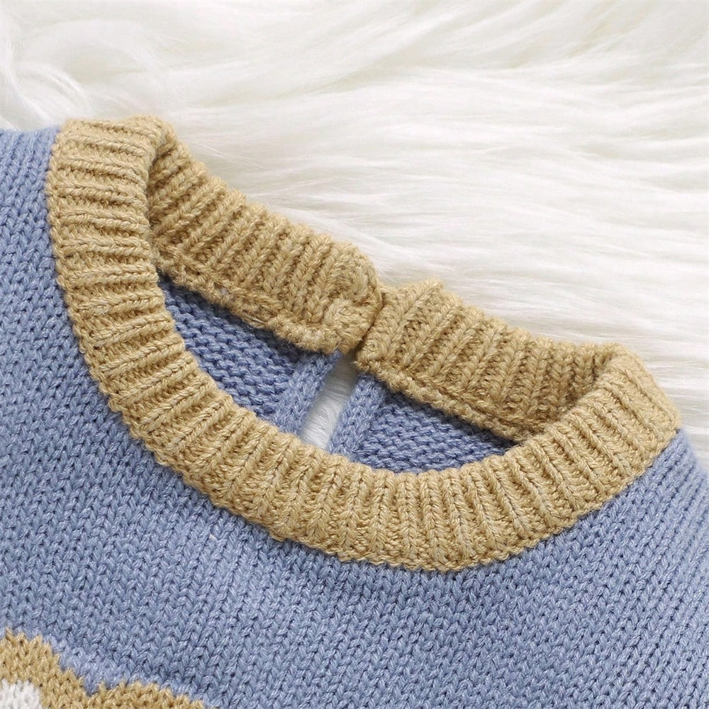 Knit Bear Plaid Printed Long Sleeve Baby Jumpsuit