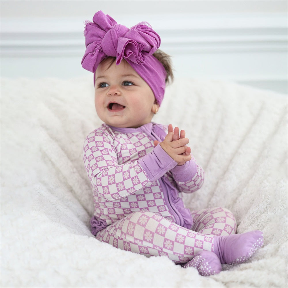 Cute Floral Print Plaid Ruffle Long Sleeve Baby Jumpsuit