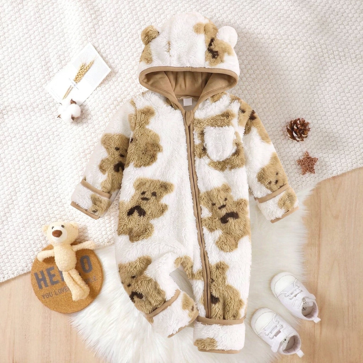 Fuzzy Bear Printed Zipper Long Sleeve Baby Hoodie Jumpsuit