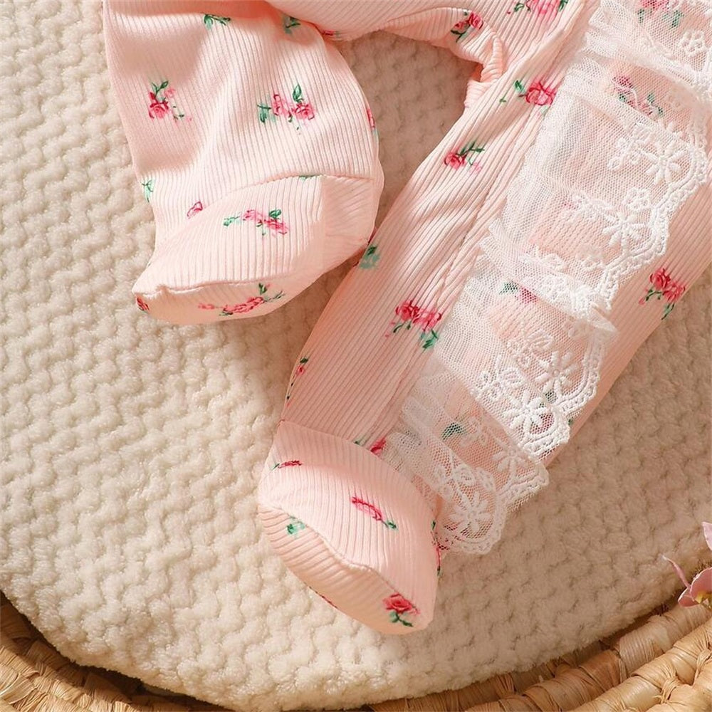 2PCS Delightful Floral Printed Ruffle Zipper Baby Jumpsuit