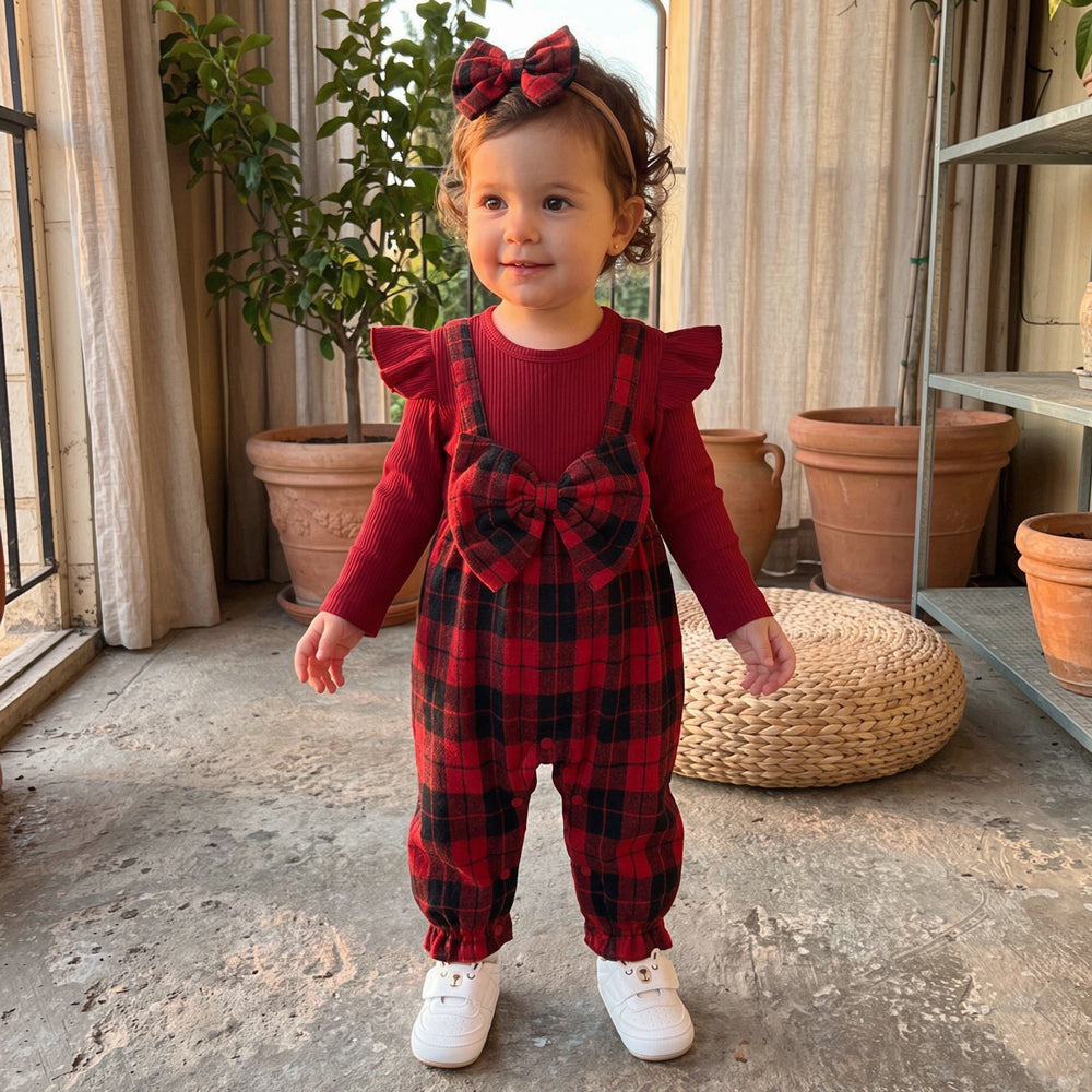 2PCS Precious Plaid Printed Bow Long Sleeve Baby Jumpsuit