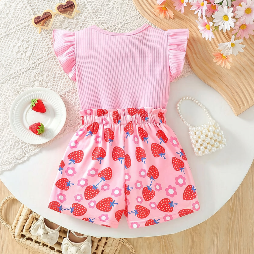 Lovely Strawberry Printed Flounce Sleeve Baby Romper