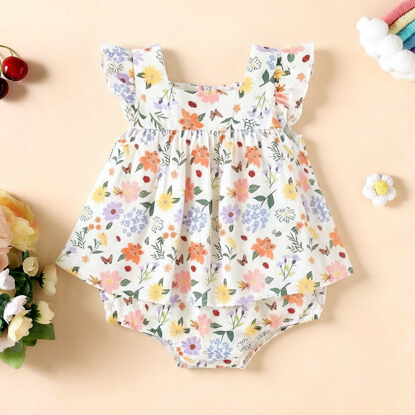 Cheerful Floral Print Flutter Sleeve Baby Romper