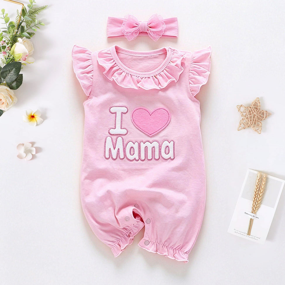 2PCS Sweet "I Love Mama" Heart Appliqué Flutter Sleeve Baby Jumpsuit