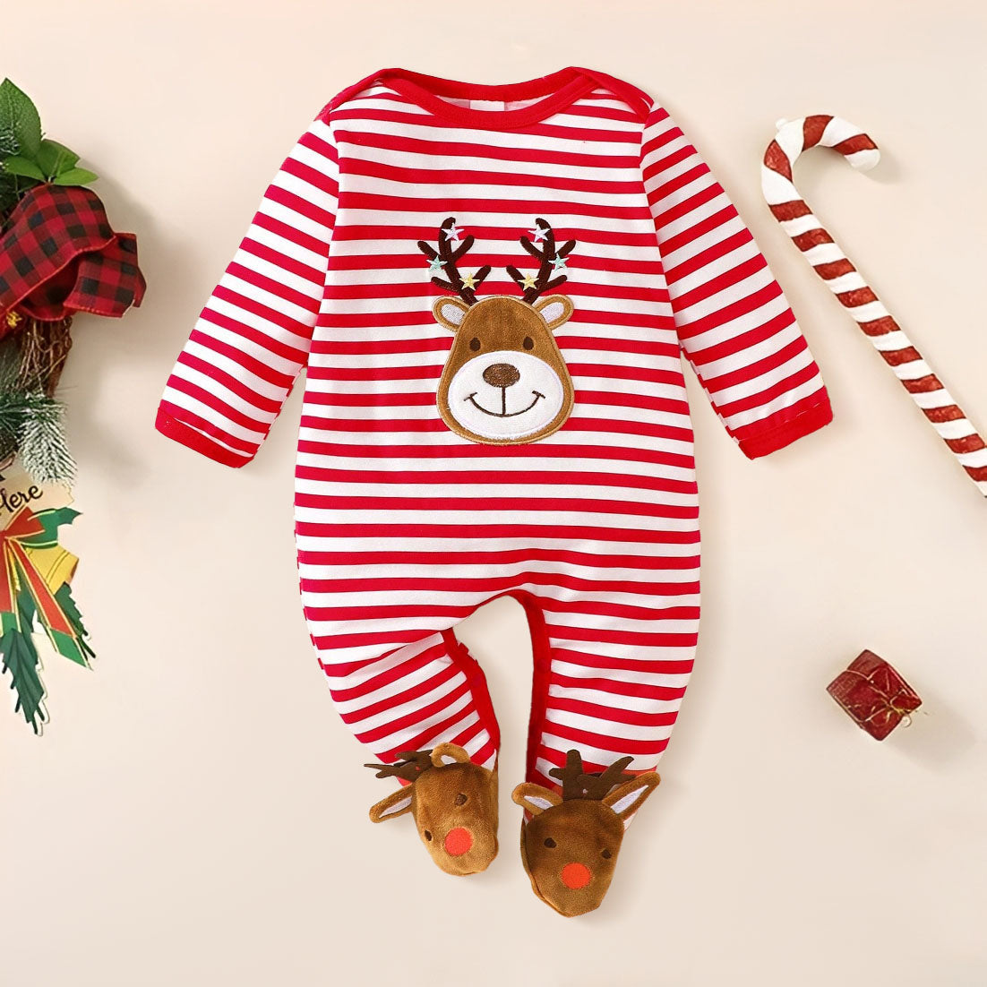 Christmas Deer Embroidery Stripe Printed Baby Jumpsuit