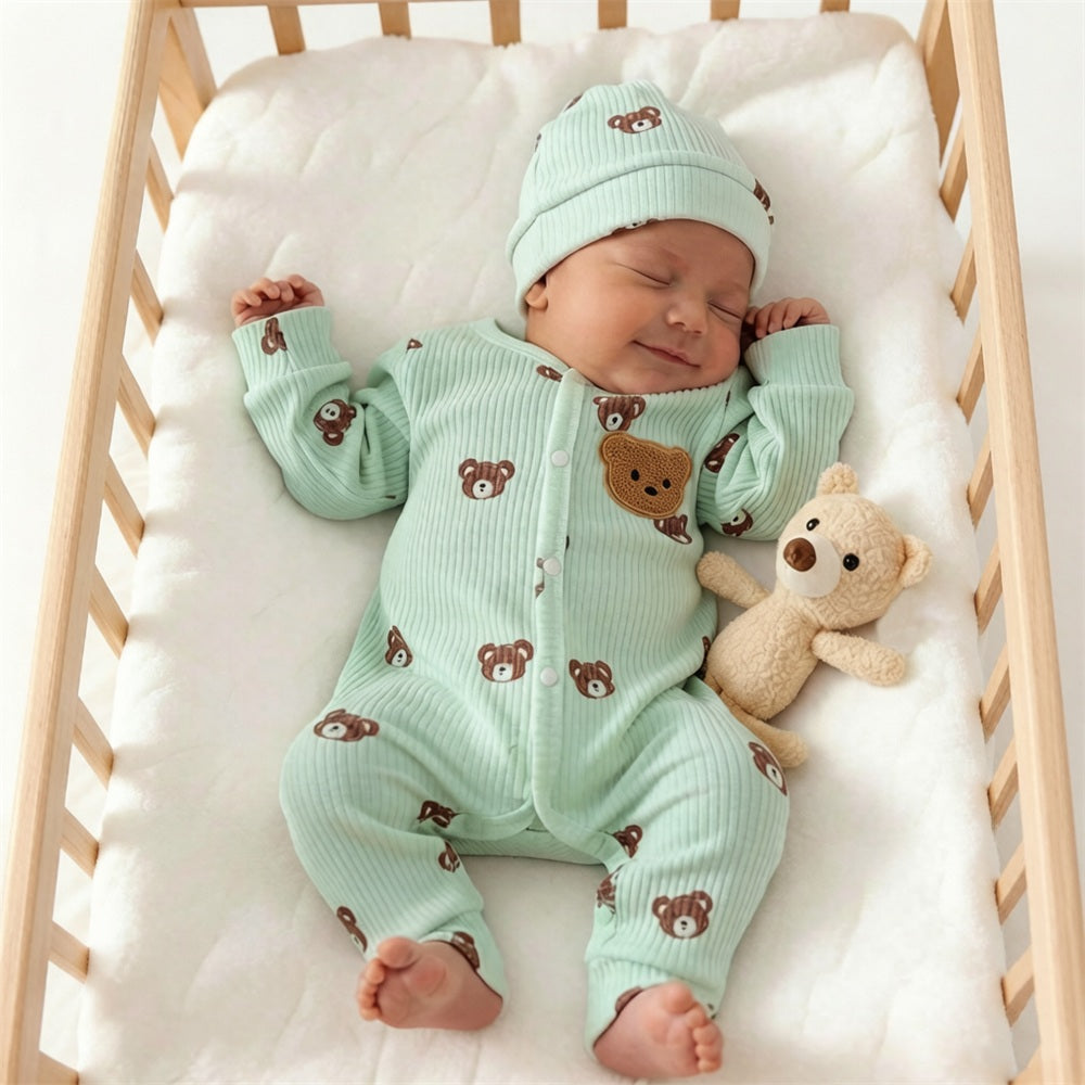 2PCS Lovely Bear Printed Long Sleeve Baby Jumpsuit