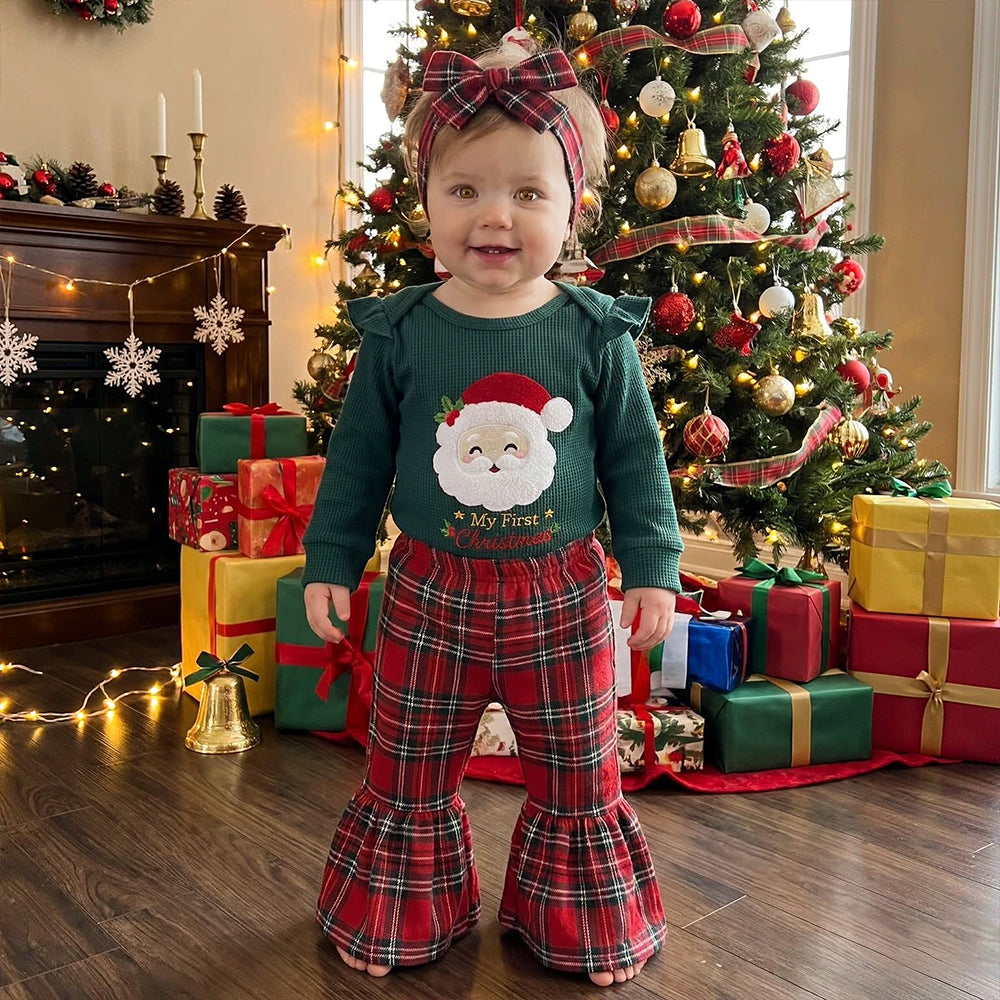 3PCS My First Christmas Letter Embroidery Santa Plaid Print Baby Girl Set