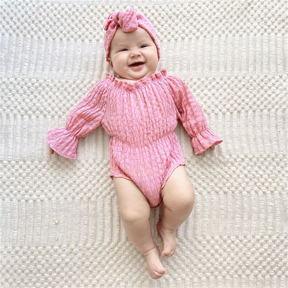 2PCS Lovely Solid Color Crinkle Grid Baby Romper