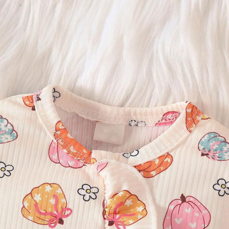 2PCS Halloween Pumpkin and Floral Printed Long Sleeve Zipper Baby Jumpsuit