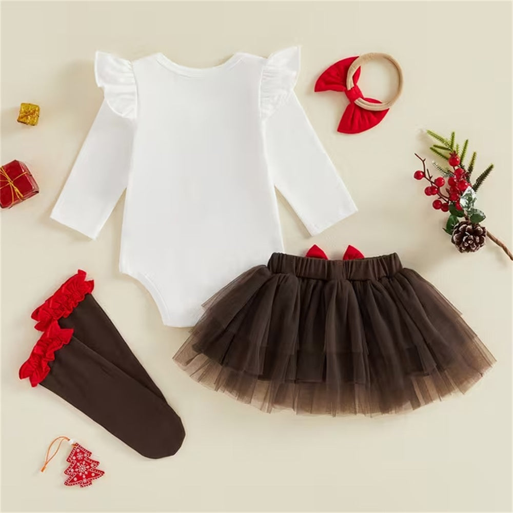 4PCS Sweet My 1st Christmas Letter Elk Print Baby Girl Set
