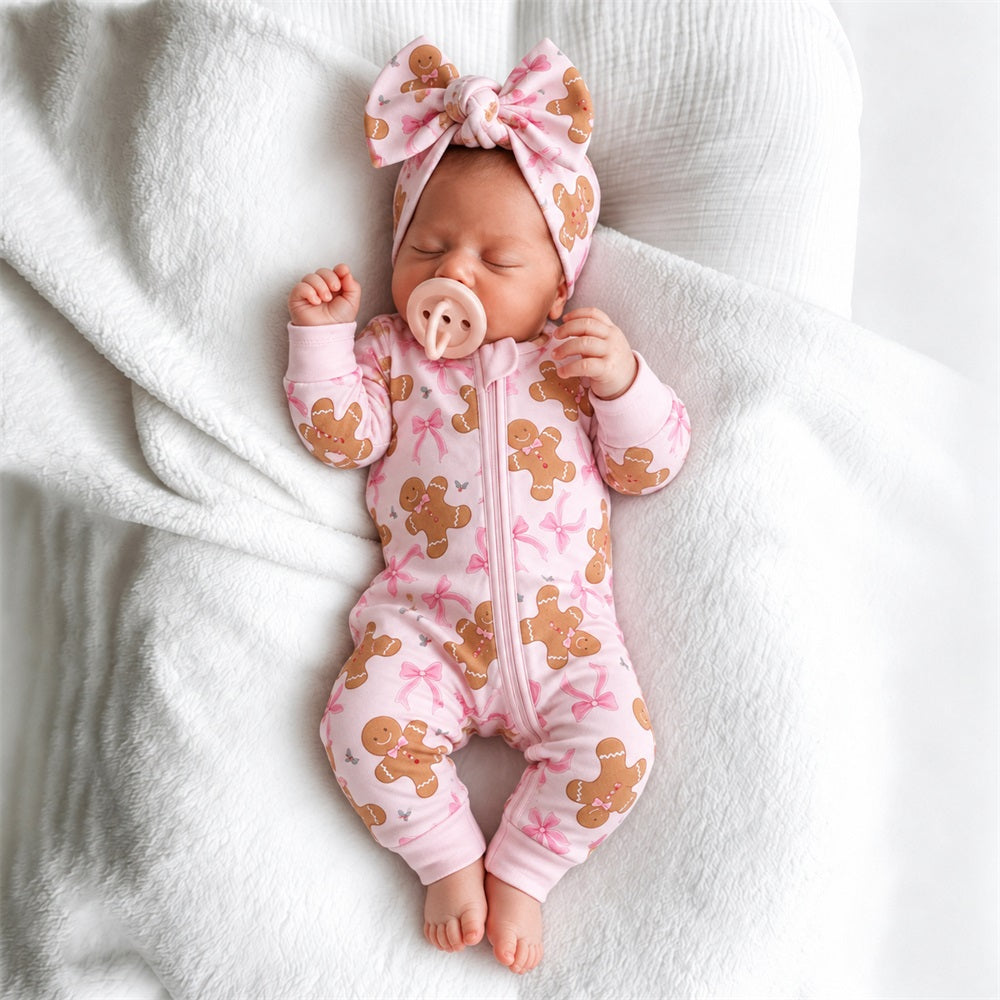 2PCS Cute Gingerbread Print Ruffle Long Sleeve Zipper Jumpsuit