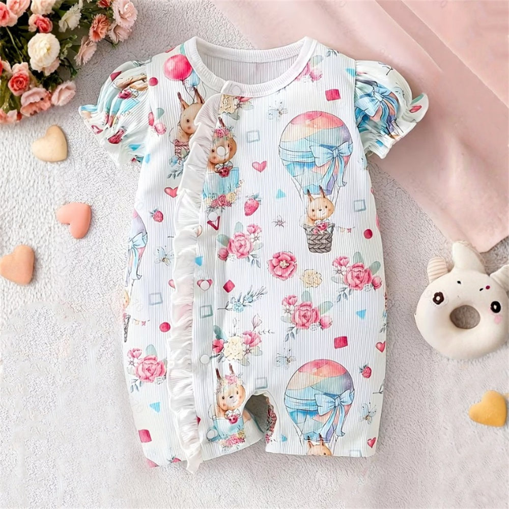 Animal Hot Air Balloon Printed Ruffle Bubble Sleeves Baby Jumpsuit
