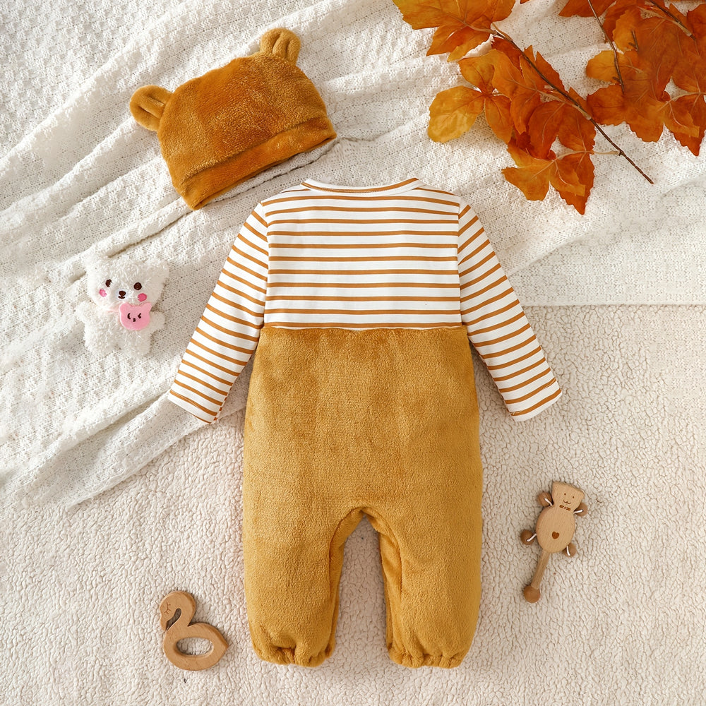 2PCS Fuzzy Bear Striped Print Long Sleeve Baby Jumpsuit