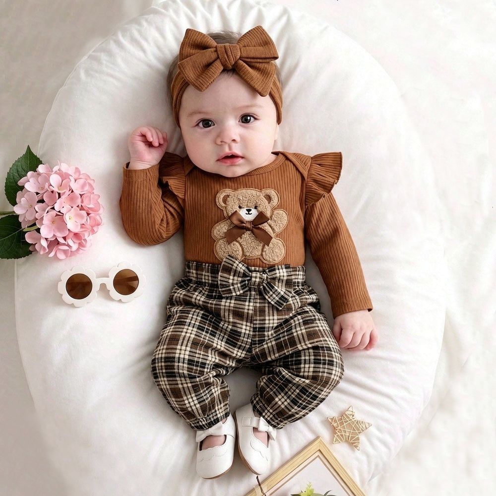 2PCS Bear Applique Plaid Printed Long Sleeve Baby Set