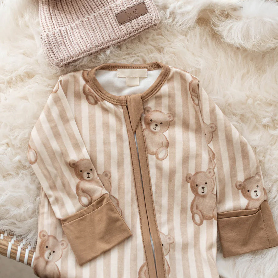 Lovely Teddy Bear & Stripe Print Zipper Long Sleeve Baby Jumpsuit