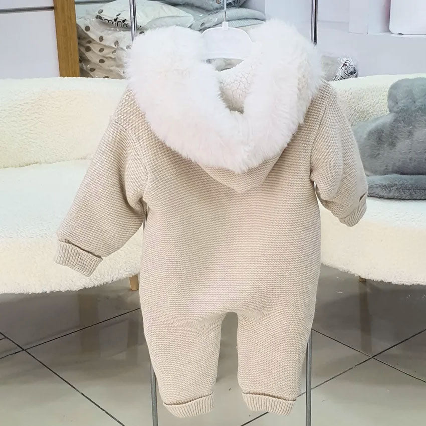 Comfy Solid Color Knit Fuzzy Long Sleeve Hoodie Baby Jumpsuit