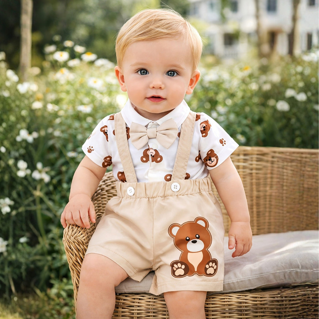 2PCS Lovely Bear Print Short Sleeve Baby Overalls Set