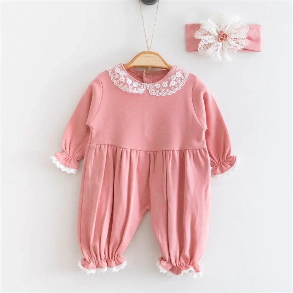 2PCS Pure Solid Color Lace Baby Jumpsuit