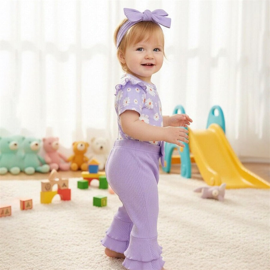 4PCS Cute Floral Printed Bow Short Sleeve Baby Set