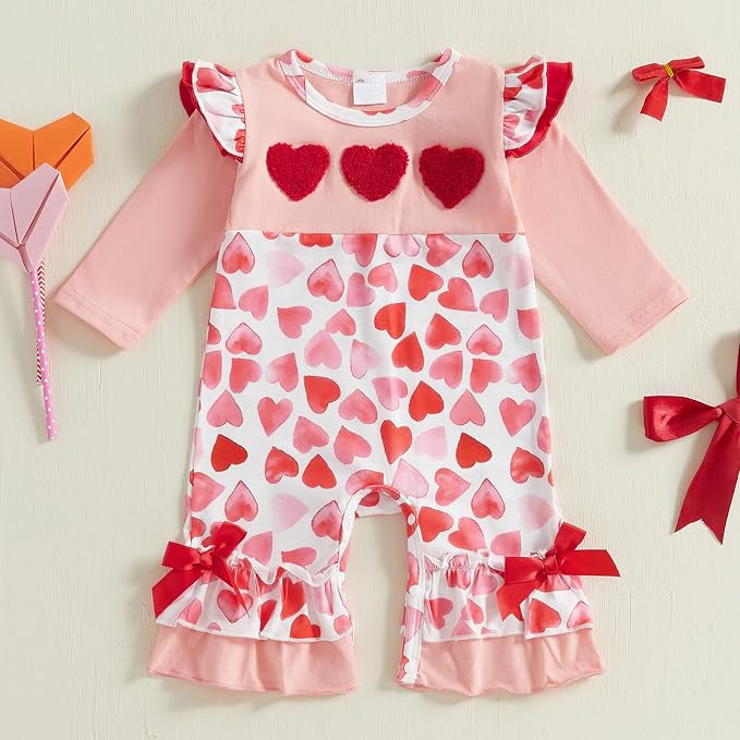 Lovely Heart Print Long Sleeve Ruffle Baby Jumpsuit