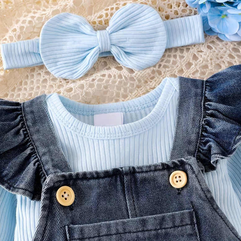 3PCS Sweet Bow Embroidery Overalls Denim Baby Set